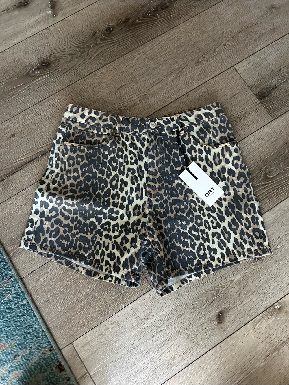 Oat New York Leopard-Print High-Rise Jean Shorts in Tan and Black